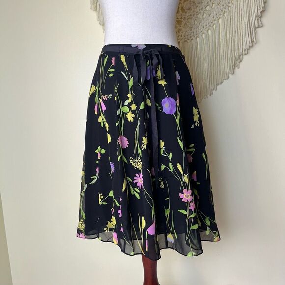 Vintage 90s Y2K A-Line Mini Skirt 100% Silk Black Spring Floral A-line 10 - Picture 7 of 8